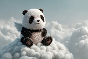 Fluffy panda cub sitting on a cloud with angel wings illustration