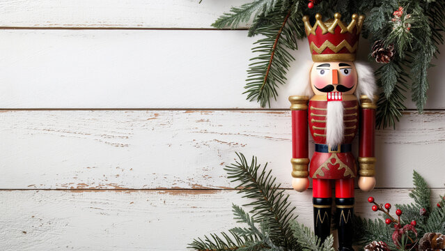 Classic nutcracker doll with christmas tree branches on rustic white wood background. Holiday season frame for greeting card.