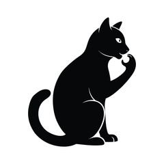 Cat Silhouette Licking Paw – Grooming Feline Vector Icon