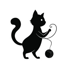 Cat Silhouette Playing with Yarn – Playful Feline Vector Icon