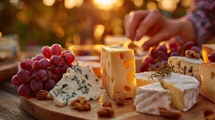Sunset Cheese and Grapes Platter on Wooden Board