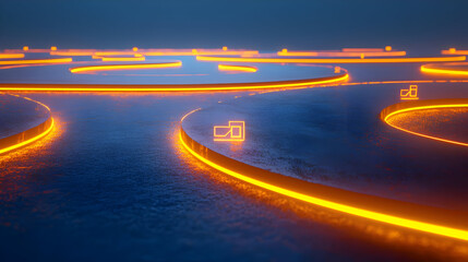 Abstract glowing orange pathways on a dark blue surface,  featuring repeating curved lines and illuminated rectangular shapes