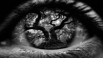 Surreal Black And White Close Up Eye Image With Tree Reflection