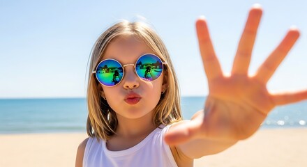 Illustration of girl with sunglasses at the beach makes a kissy face