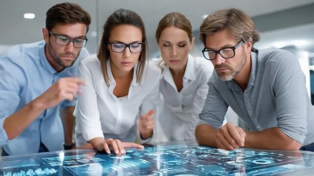 Focused Collaboration: A team of business professionals huddle closely around an interactive digital display, heads bent in concentrated collaboration.