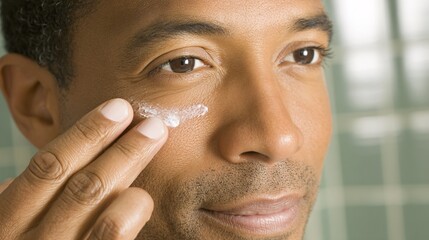athletic man applying cream under eyes in minimal gym bathroom, close-up on eye area, focus on hydration, sleek tiles, copy space on bottom right under eye cream, hydration focus, dark-skinned 