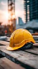 Construction helmet placed at a construction site   -