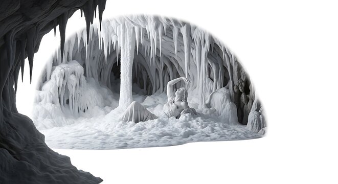 Illustration of frozen ice cave with icicles and a figure - Powered by Adobe