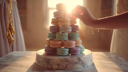 Woman Arranging Pastel Macaron Tower on Marble Table