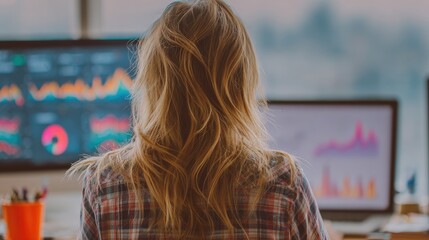 Woman Analyzing Data on Multiple Computer Screens