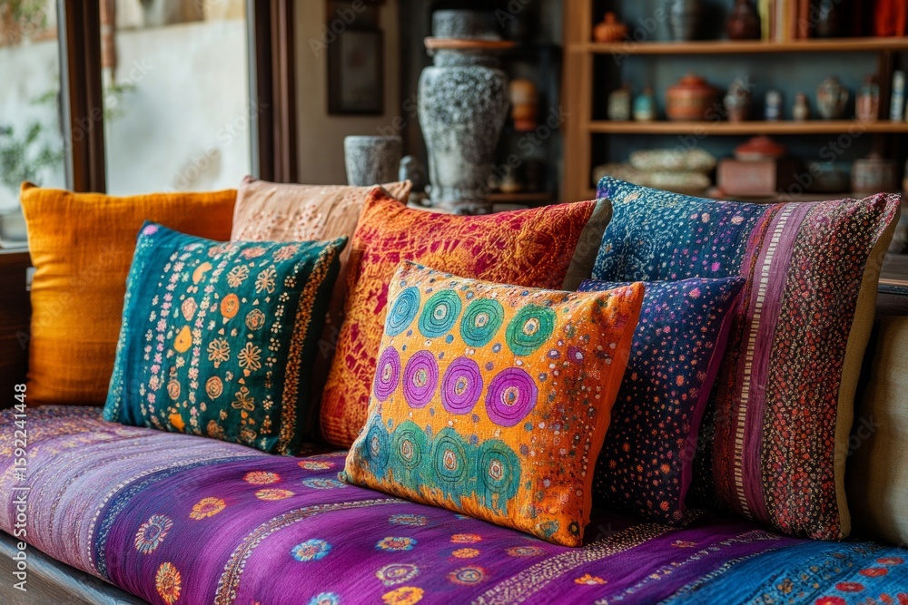Poster vibrant, patterned cushions add a pop of color and global flair to a comfortable sofa in a stylish h