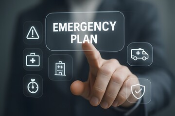 Man s finger presses emergency plan button on digital interface with icons