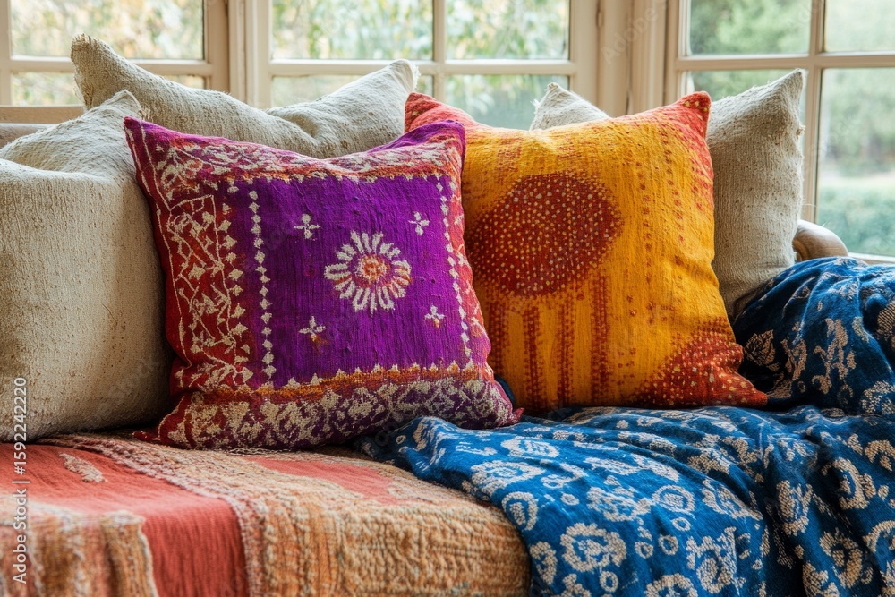 Aufkleber vibrant embroidered cushions and a blanket add a touch of bohemian style to a comfortable couch, cre