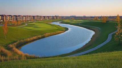 Scenic golf course winding through a residential community.  A tranquil waterway meanders through the manicured fairways.  Mature trees and autumnal foliage enhance the picturesque setting