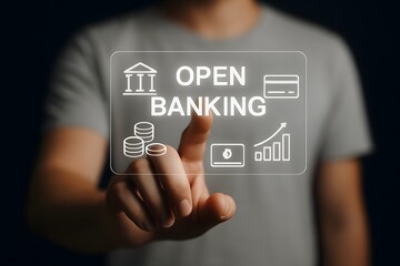 Person interacting with open banking technology and financial icons