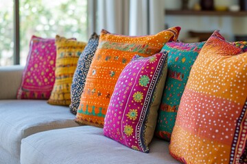 Vibrant embroidered cushions add a pop of color and global style to a comfortable sofa in a contemporary living room