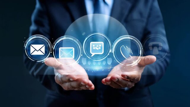 Businessman presenting contact methods, highlighting email, chat, and phone support for clients and customers
