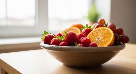 Fresh Fruit Bowl: Strawberries, Raspberries, Oranges, Grapes