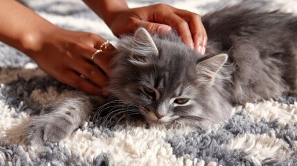 Woman Gently Petting a Grey Fluffy Cat on a White Rug