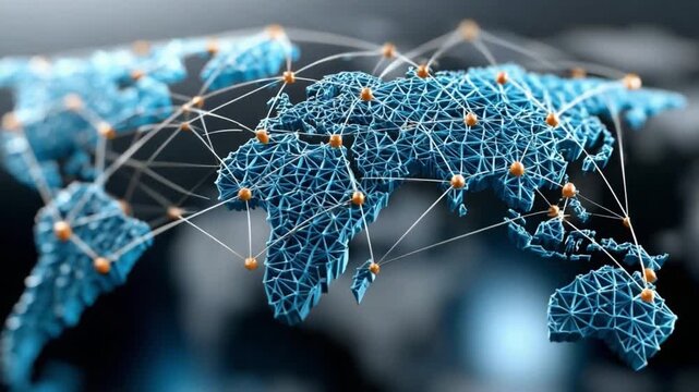 Networked World: A stunning visual of the world map interlinked by a web of connections, symbolizing global communication, technology, and interconnectedness.