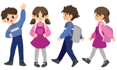 vector set: boy and girl walking to school, waving, wearing uniforms, shoes and backpacks, isolated on white background, cheerful boy and girl with bags, uniforms, waving goodbye, flat design