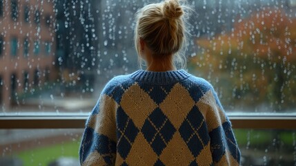 Woman in Blue and White Knit Sweater Looking Out Rainy City Window