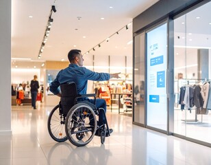Obraz premium A customer standing in front of a shop window interacting with an augmented reality display. Futuristic retail concept showcasing digital shopping experience, smart marketing, and virtual product info