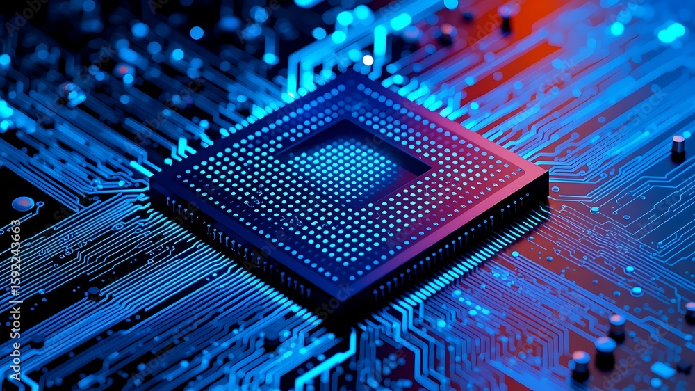 Aufkleber photo of a closeup view of a glowing blue computer processor on a circuit board