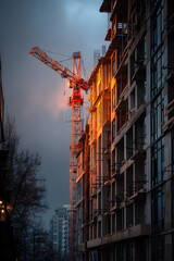 Fototapeta premium Construction site of concrete and steel building in morning light -