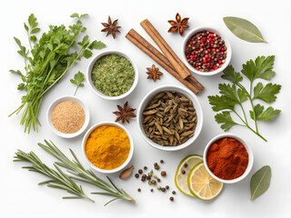 A vibrant set of aromatic dry spices and healthy herbs, including red chili powder and cinnamon sticks, displayed in wooden bowls with spoons for cooking delicious cuisine