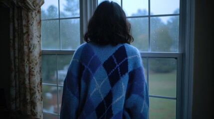 Woman in Blue Sweater Looking Out Rainy Window