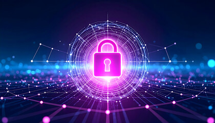 Obraz premium Glowing Purple Sphere with Padlock Cybersecurity Concept