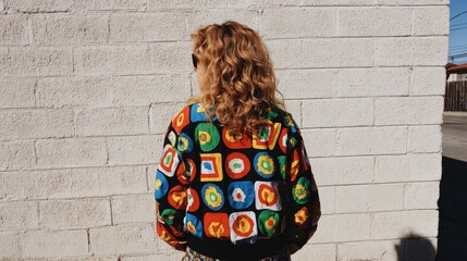 Woman in Colorful Retro Jacket Against a Stone Wall