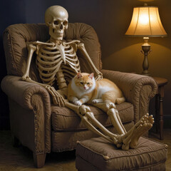 A skeleton sits in a plush armchair alongside a fluffy orange and white cat, both illuminated by the soft glow of a nearby lamp