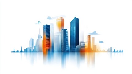 Fototapeta premium A vibrant digital illustration of a modern city skyline with reflective glass skyscrapers and a subtle sunrise or sunset glow.