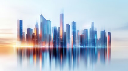 A futuristic cityscape with reflective skyscrapers blending into a misty, abstract background with vibrant light effects.