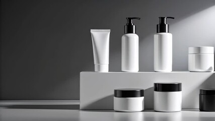 Minimalist skincare product display with white bottles and black accents in studio lighting - Powered by Adobe