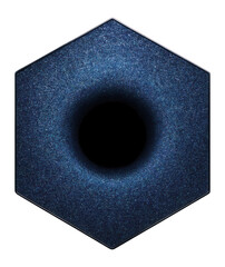 Hexagonal panel with a central black hole, surrounded by shimmering digital noise.