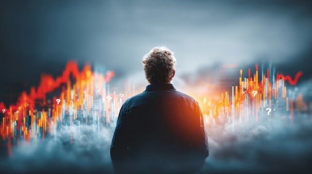 Curly-haired individual in dark shirt stands before vibrant red and orange bar-like digital data display with white question marks, contemplating illuminated fog-shrouded mystery.
