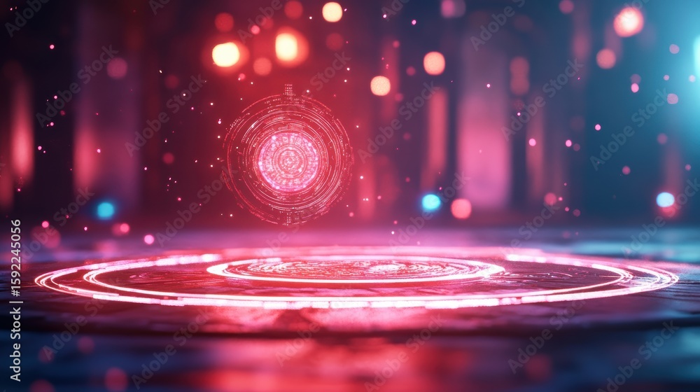Poster a glowing red futuristic hologram orb floats above a circular digital interface with bokeh lights in