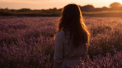 Woman in White Dress Contemplating in a Lavender Field at Sunset