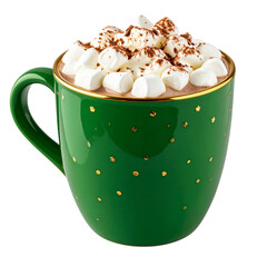 Festive Holiday Mug with Whipped Cream, Cocoa, and Marshmallows, Side Angle, Transparent Background