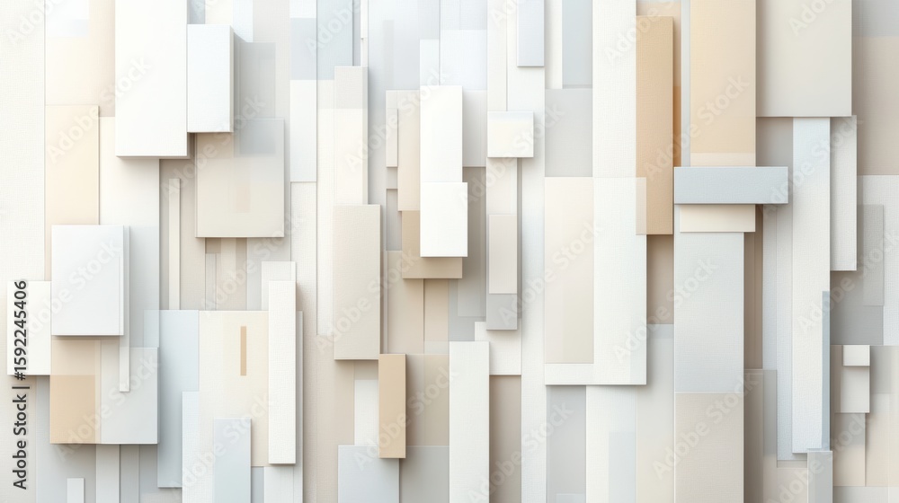 Poster abstract geometric wall composed of overlapping rectangular blocks in shades of white, beige, and gr
