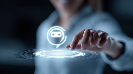 Woman Interacting with Glowing Digital Chatbot Interface