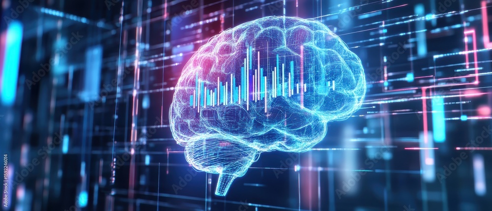Poster digital illustration of a glowing brain surrounded by data charts and lines, symbolizing ai, neurosc