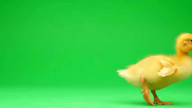 Duckling Dash Yellow Baby Duck Walks on Bright Green Backdrop.