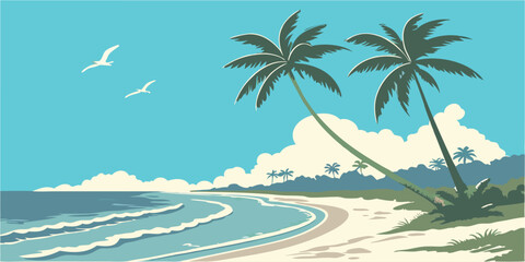 Tropical summer beach background with golden sand, turquoise sea, blue sky, soft waves, palm trees, and seashells — vibrant, clean, high-resolution vector. © M S R Salafi