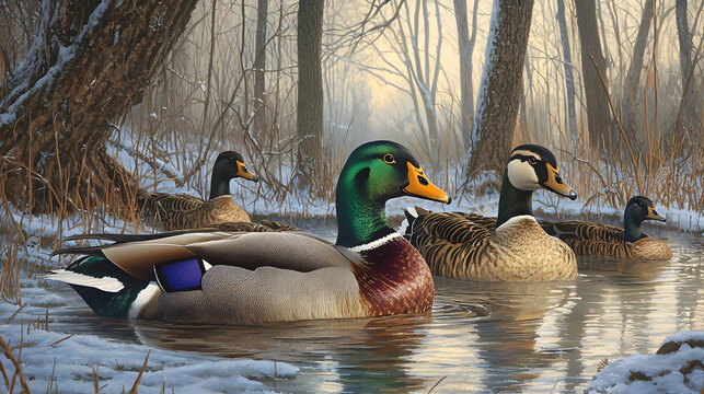Winter scene of ducks in a frosty forest stream.  Four ducks, mallard, gadwall and possibly a canvasback, swim amidst snow-covered banks and trees.  Soft, diffused light filters through the trees