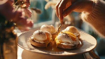 Woman's Hand Poaching Eggs on Toast with Warm Sunlight