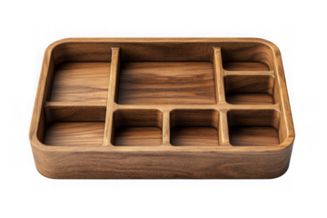 Wooden desk organizer tray with compartments, rustic wooden box, office supply storage, decorative wooden tray, isolated on transparent background